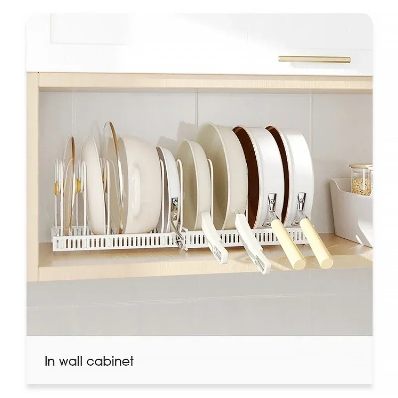 Pot Rack Bowl and Plate Storage Rack Multi-layer Retractable Adjustable Carbon Steel Pan Dish Drying Cookware Rack Kitchen Tools