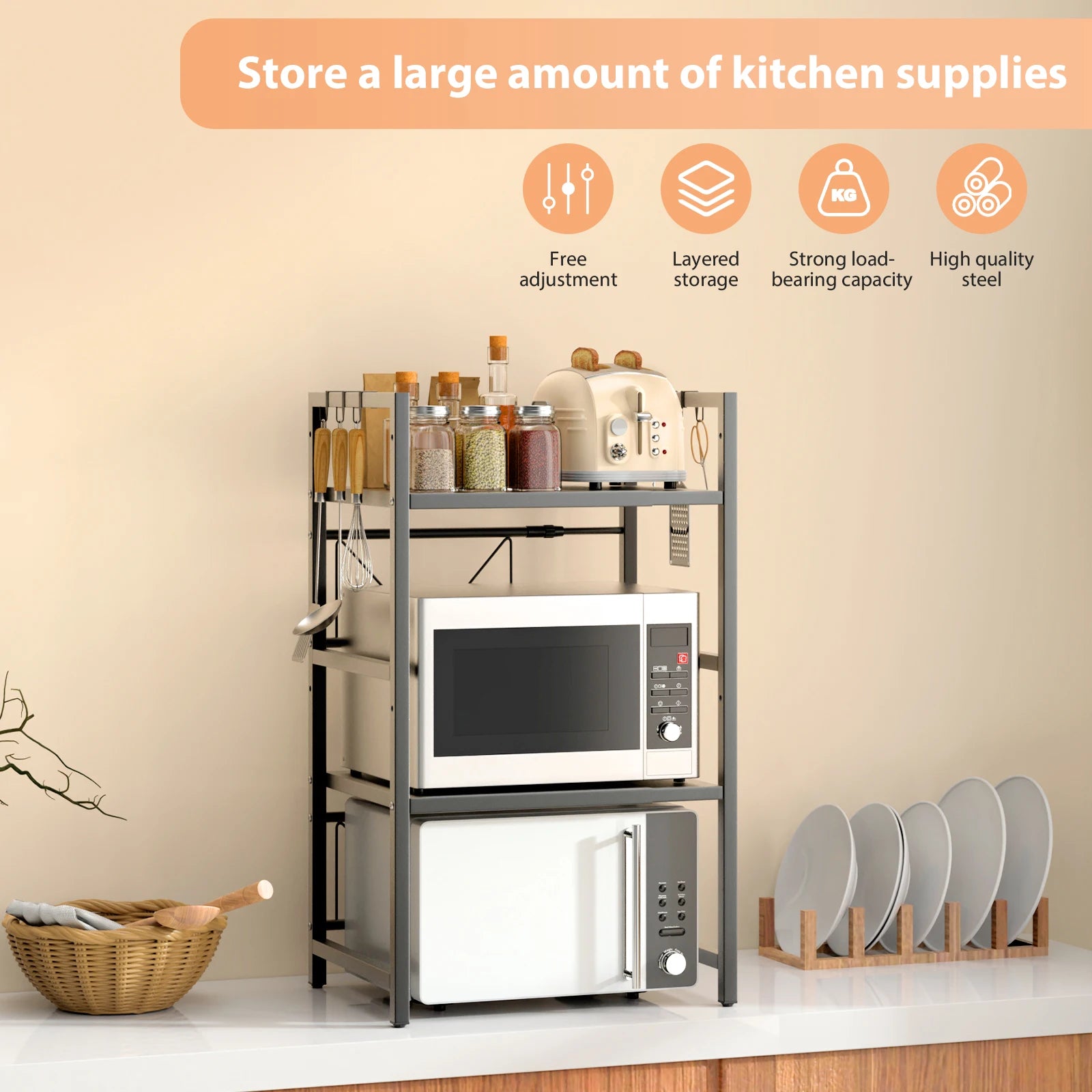 Expandable Microwave Shelf, 1 or 2 Tier Microwave oven Rack Stand Storage Holder Kitchen Corner Shelf Desktop Printer Shelf Rack