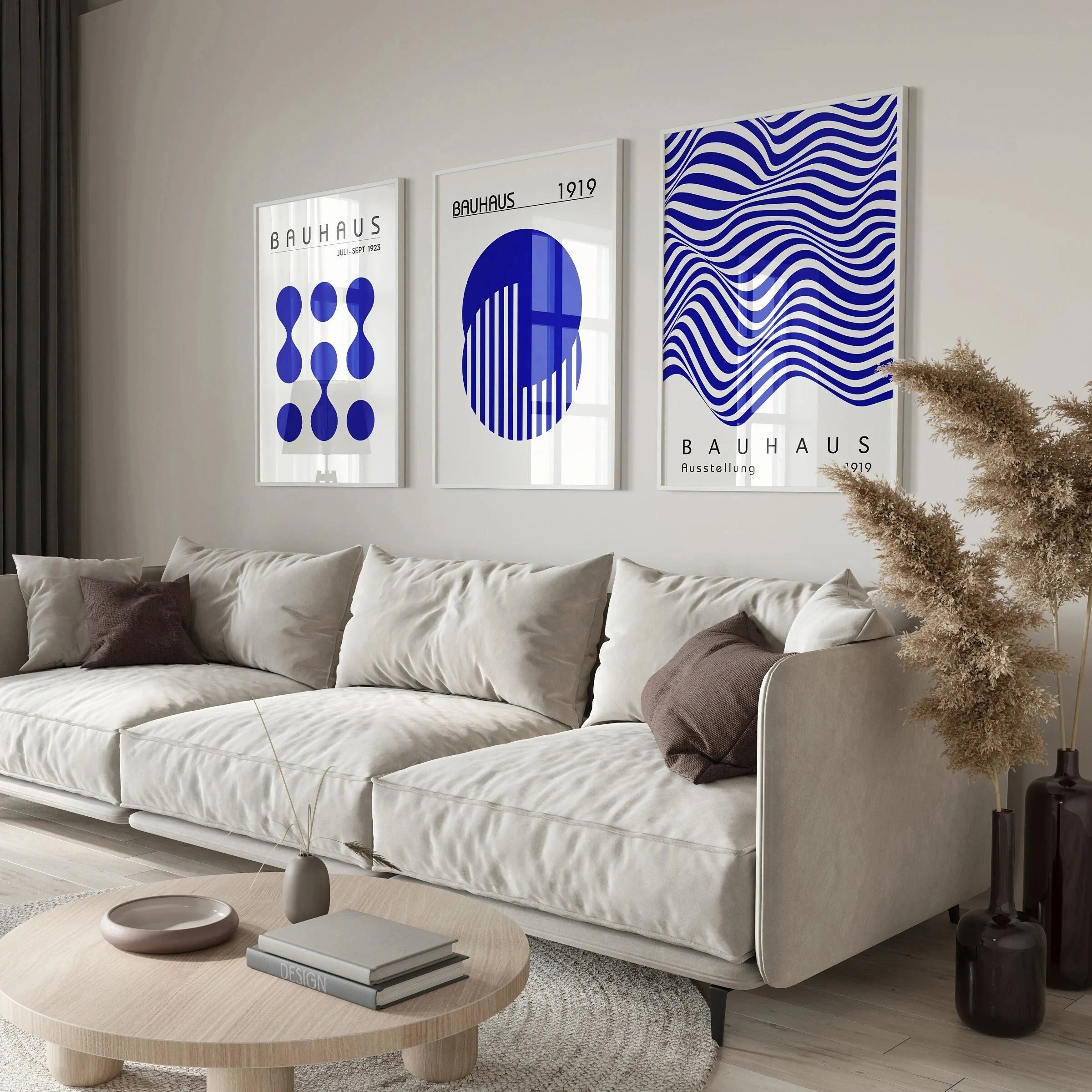 Blue & Yellow Wavy Line Abstract Art Canvas Poster Mid Century Geometric Wall Art Poster for Modern Living Room Home Decor