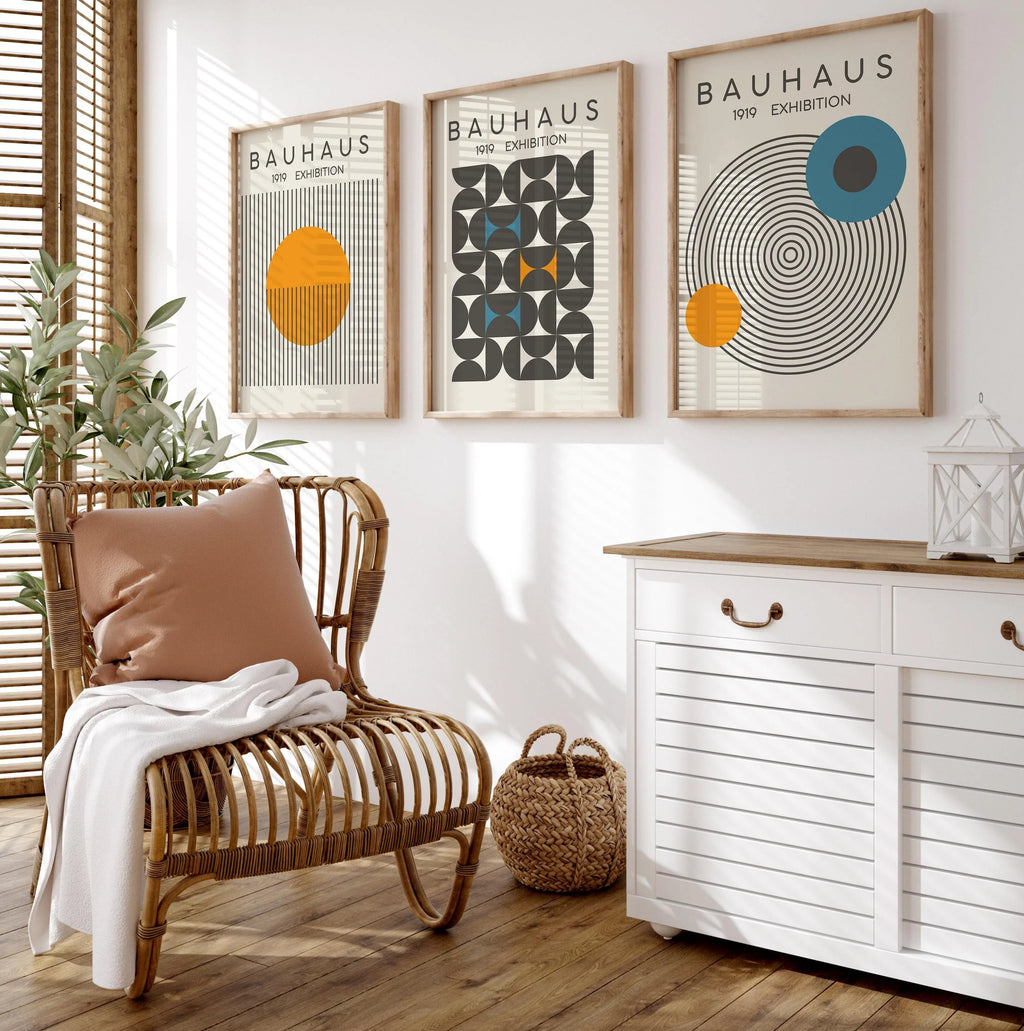 Blue & Yellow Wavy Line Abstract Art Canvas Poster Mid Century Geometric Wall Art Poster for Modern Living Room Home Decor