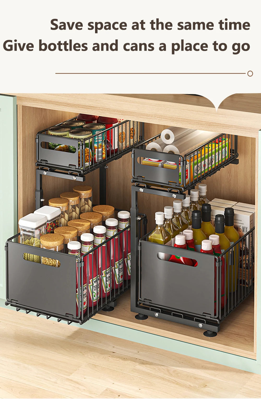2 Tier Pull Out Cabinet Organizer Adjustable Kitchen Storage Rack Under Sink Organizer Spice Jar Storage Rack Slide Out Drawer