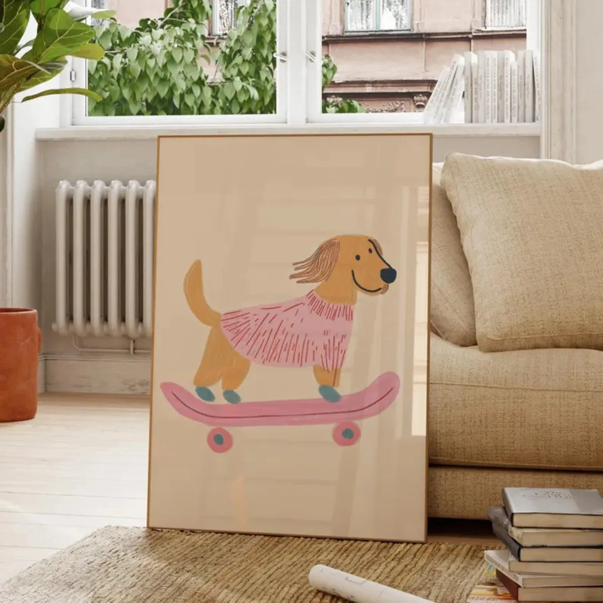 Cute Skateboard Dog Dachshund Canvas Prints Poster Cartoon Funny Animal Art Prints Bedroom Nursery Wall Art Home Decor Poster
