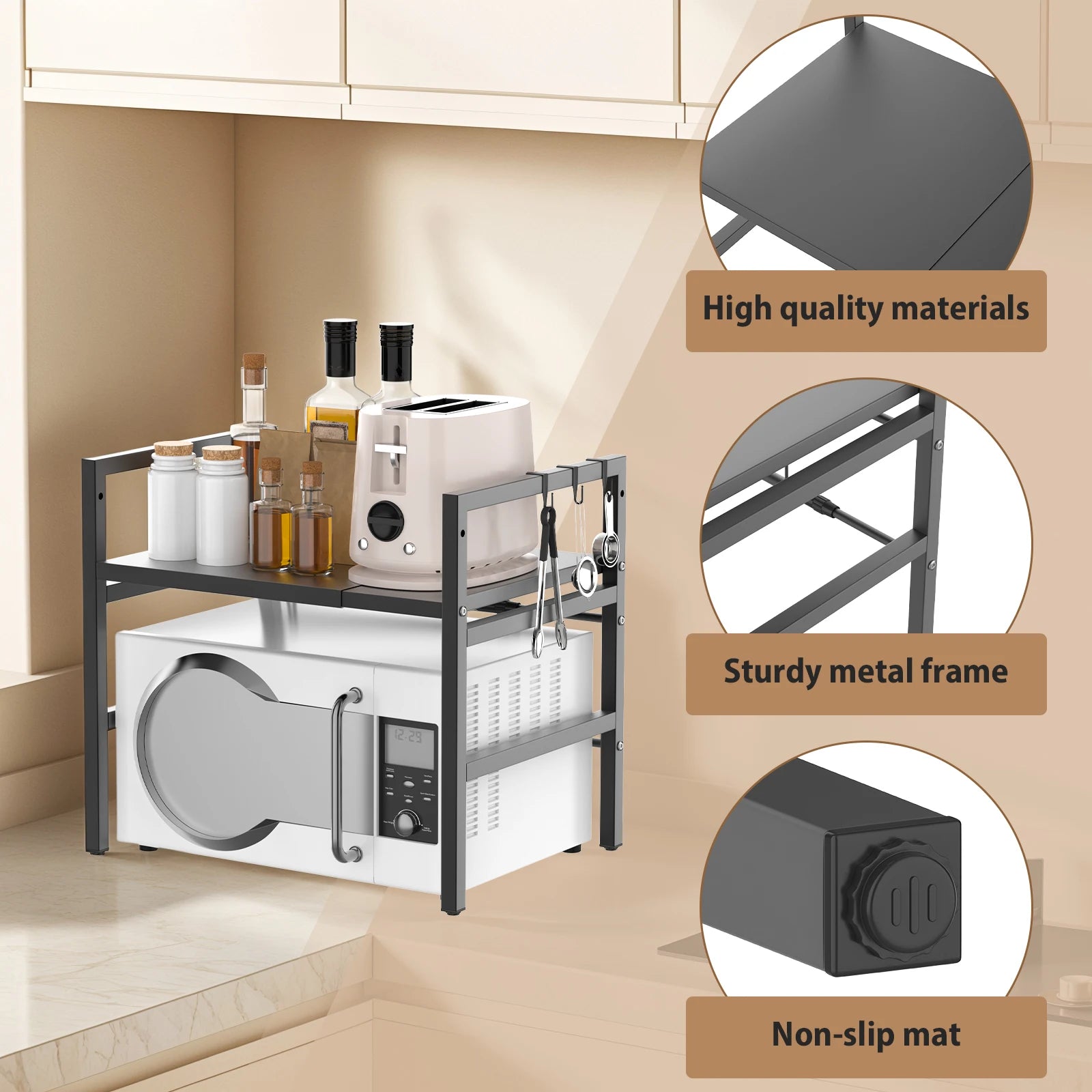 Expandable Microwave Shelf, 1 or 2 Tier Microwave oven Rack Stand Storage Holder Kitchen Corner Shelf Desktop Printer Shelf Rack