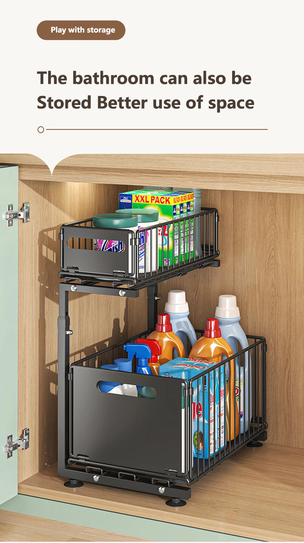 2 Tier Pull Out Cabinet Organizer Adjustable Kitchen Storage Rack Under Sink Organizer Spice Jar Storage Rack Slide Out Drawer