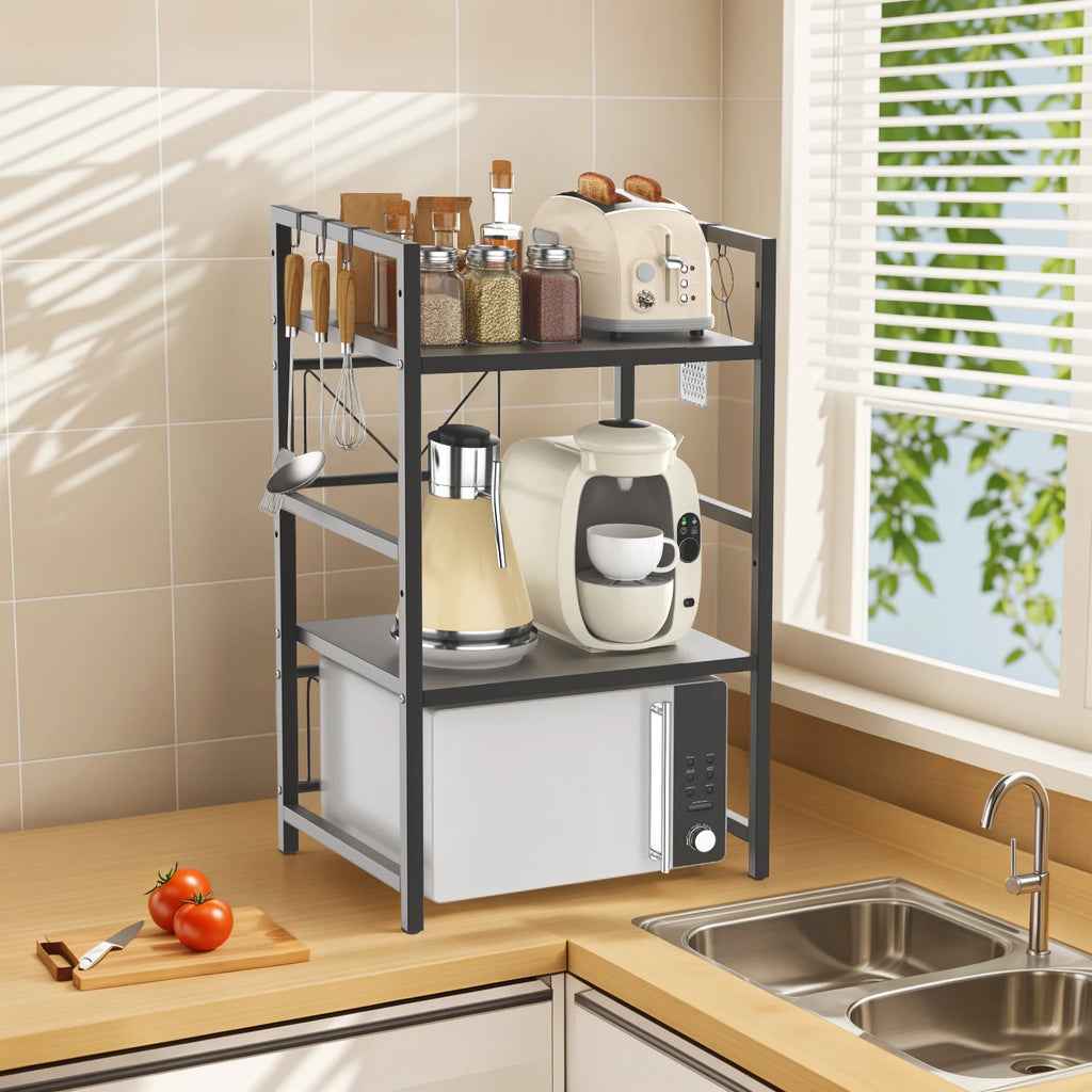 Expandable Microwave Shelf, 1 or 2 Tier Microwave oven Rack Stand Storage Holder Kitchen Corner Shelf Desktop Printer Shelf Rack