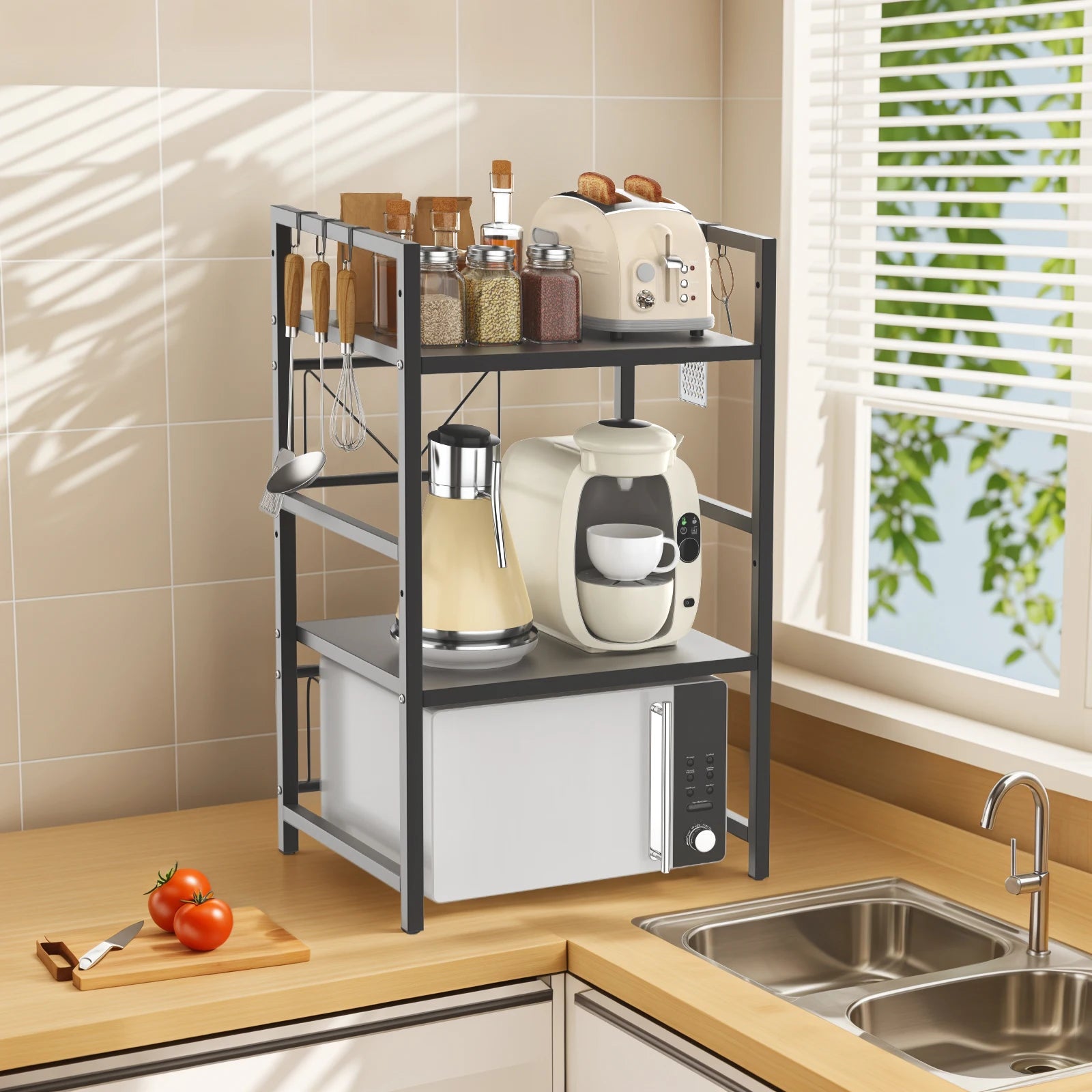 Expandable Microwave Shelf, 1 or 2 Tier Microwave oven Rack Stand Storage Holder Kitchen Corner Shelf Desktop Printer Shelf Rack