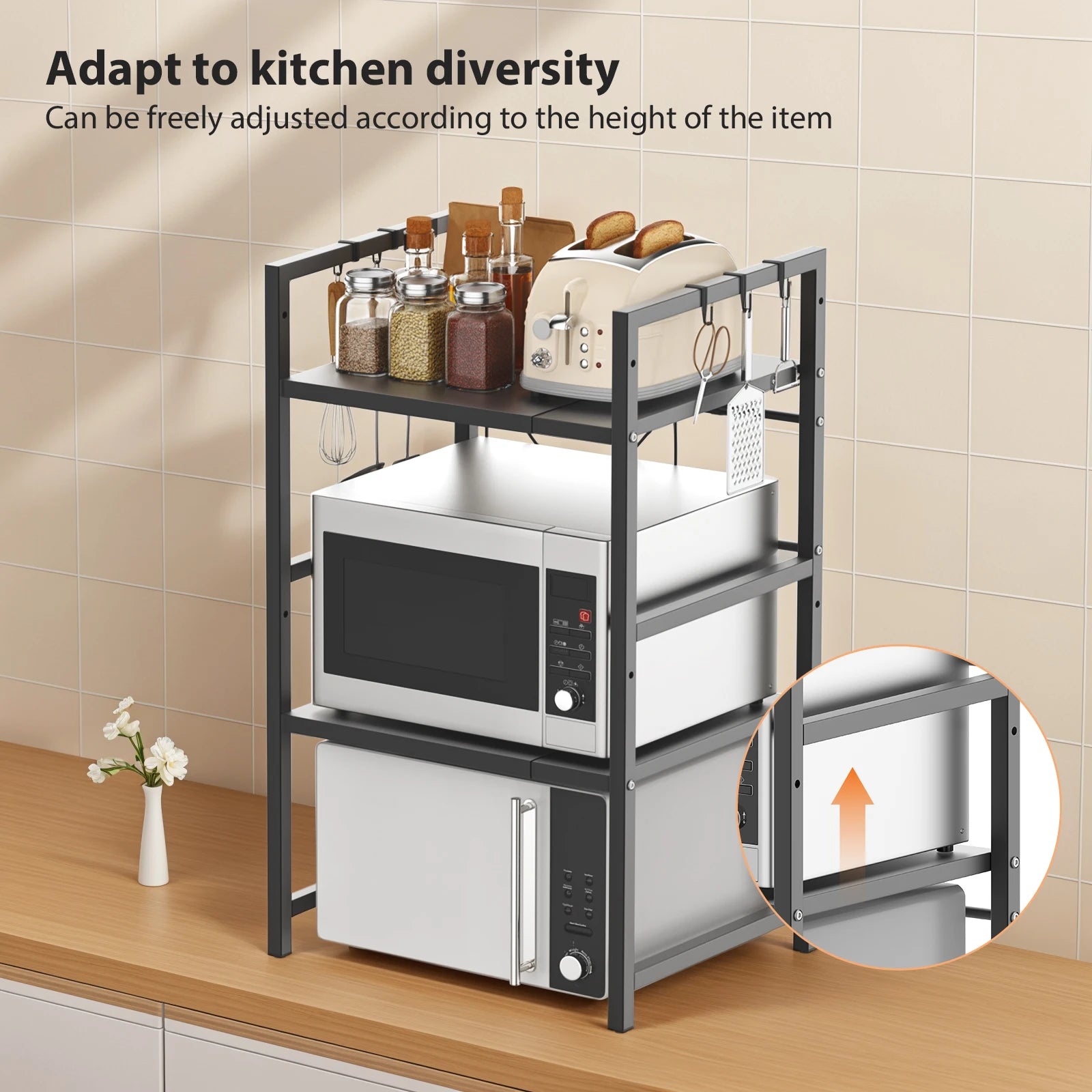 Expandable Microwave Shelf, 1 or 2 Tier Microwave oven Rack Stand Storage Holder Kitchen Corner Shelf Desktop Printer Shelf Rack