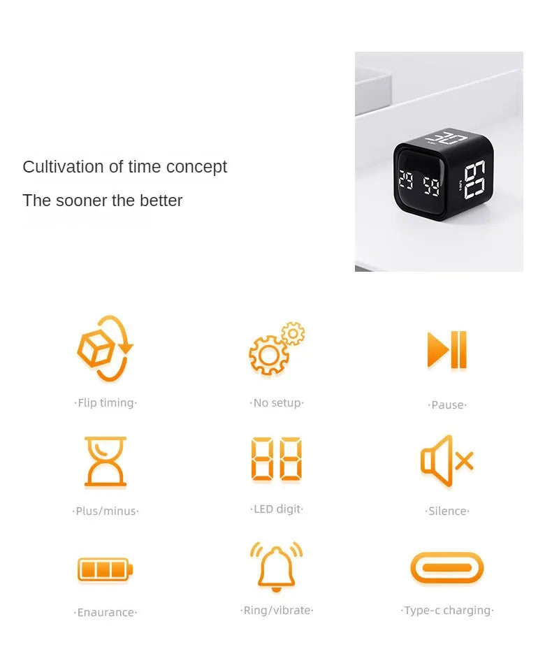 Productivity Cube Timer Gravity Sensor Flipping LED Display 4 Preset Time Dual Modes Countdown Cooking Study Mini Digital Timer