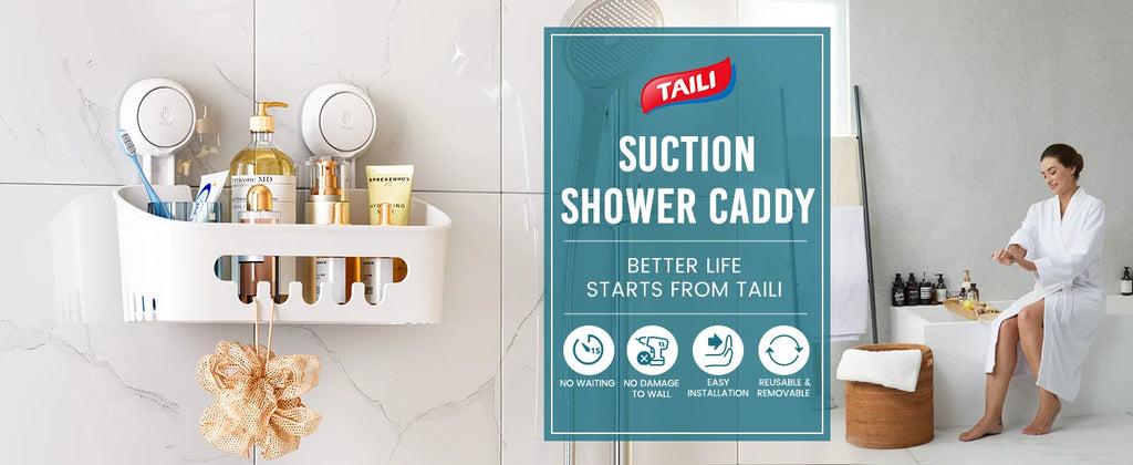 TAILI Shower Shelf Suction Cup No-drill Bathroom Corner Shelf Storage Basket for Shampoo Makeup Organizer Bathroom Accessories