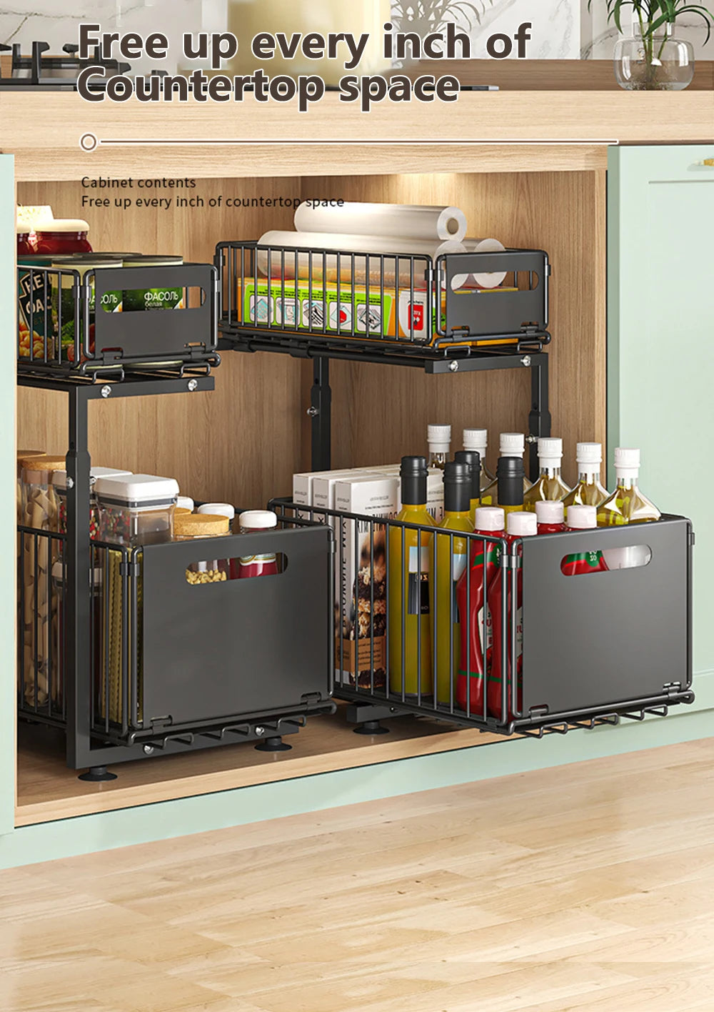 2 Tier Pull Out Cabinet Organizer Adjustable Kitchen Storage Rack Under Sink Organizer Spice Jar Storage Rack Slide Out Drawer