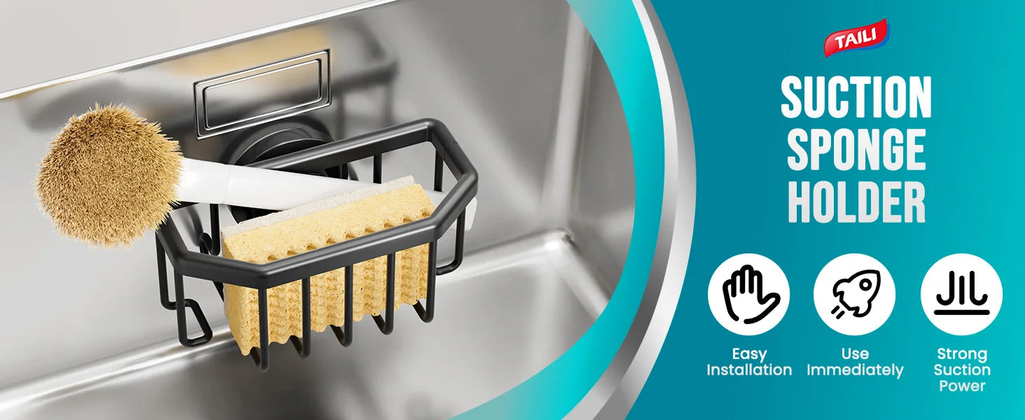 TAILI Sponge Holder with Strong Suction Cup, Dish Sponge Holder Inside Sink Removable, Rustproof Aluminum for Sponges, Brushes