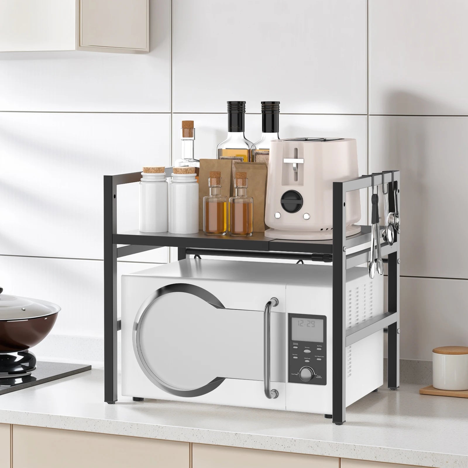 Expandable Microwave Shelf, 1 or 2 Tier Microwave oven Rack Stand Storage Holder Kitchen Corner Shelf Desktop Printer Shelf Rack