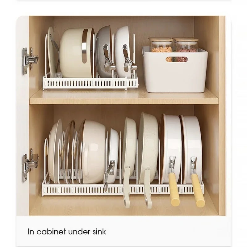 Pot Rack Bowl and Plate Storage Rack Multi-layer Retractable Adjustable Carbon Steel Pan Dish Drying Cookware Rack Kitchen Tools