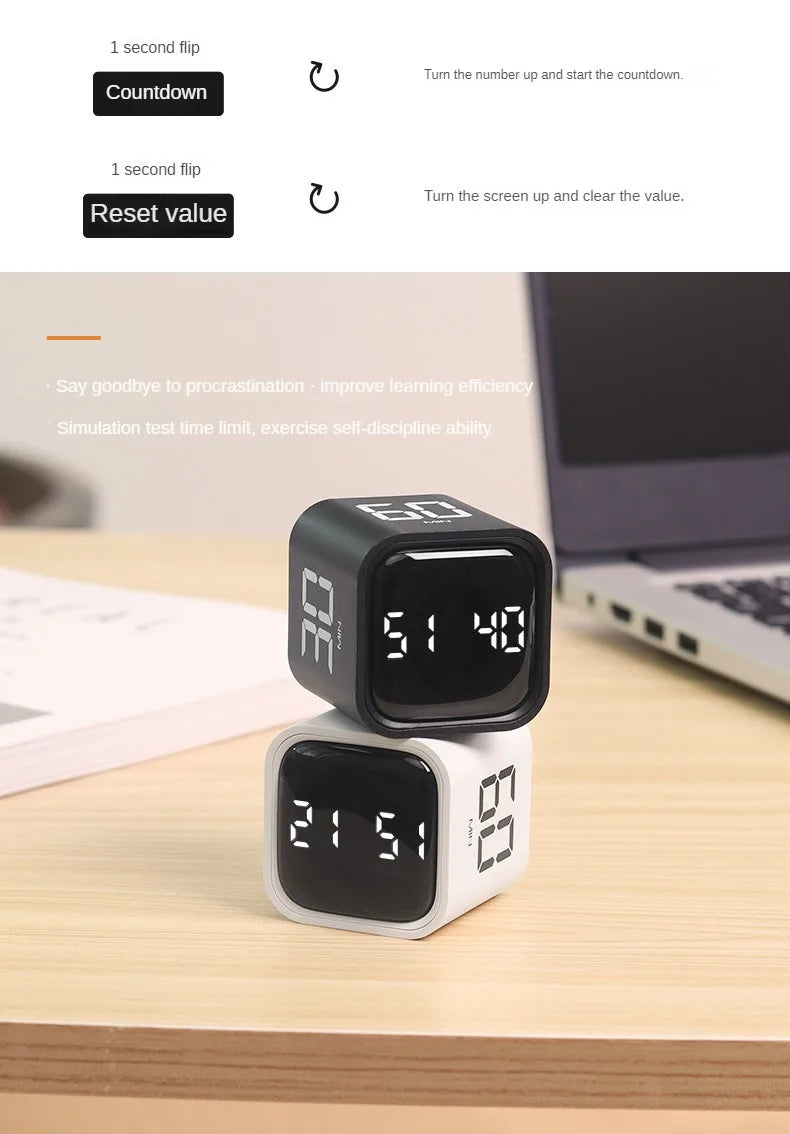 Productivity Cube Timer Gravity Sensor Flipping LED Display 4 Preset Time Dual Modes Countdown Cooking Study Mini Digital Timer