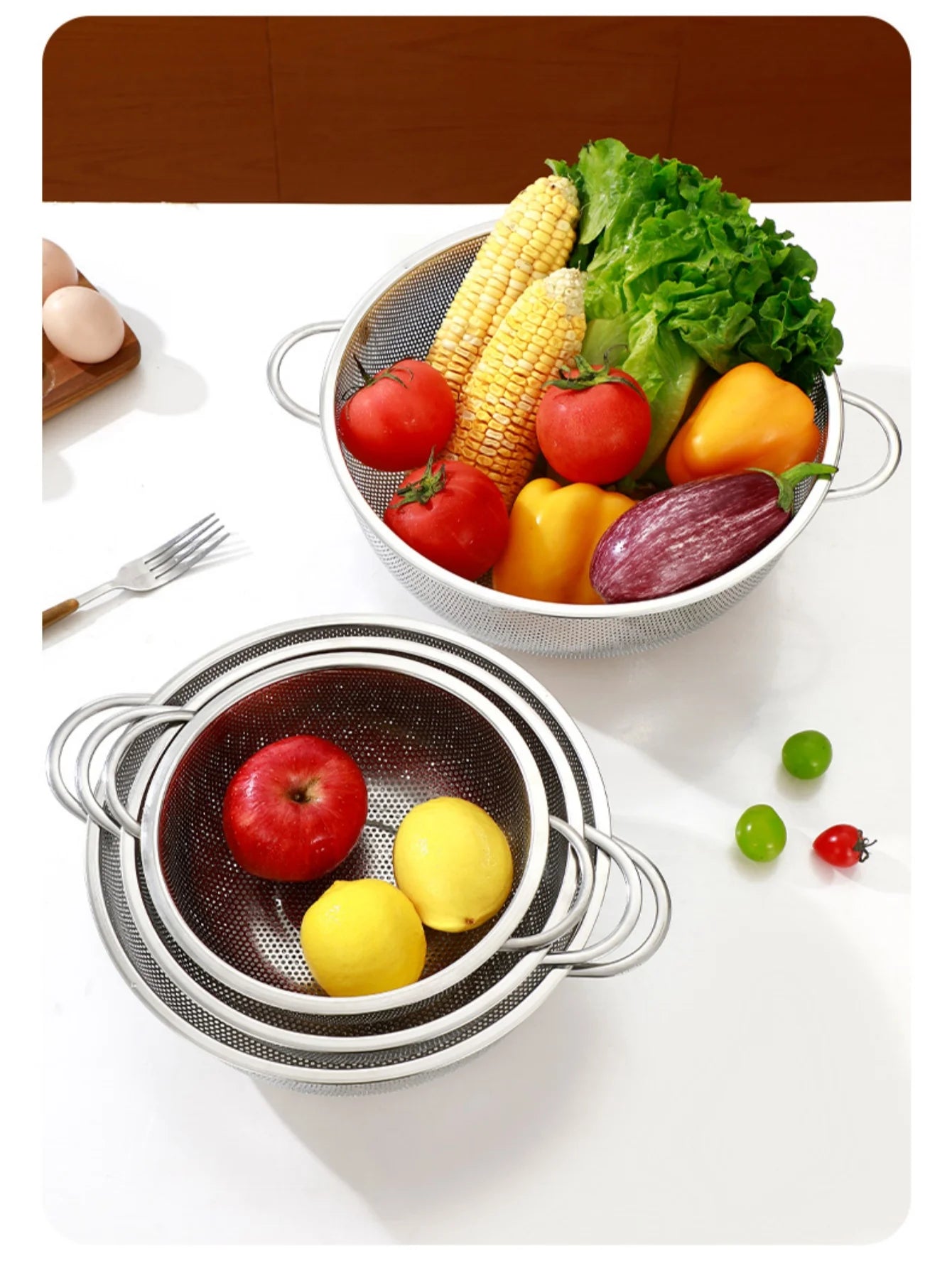 All Purpose Stainless Steel Fine Mesh Strainer Net Baskets with Handles Resting Base Colander Set Kitchen Supplies