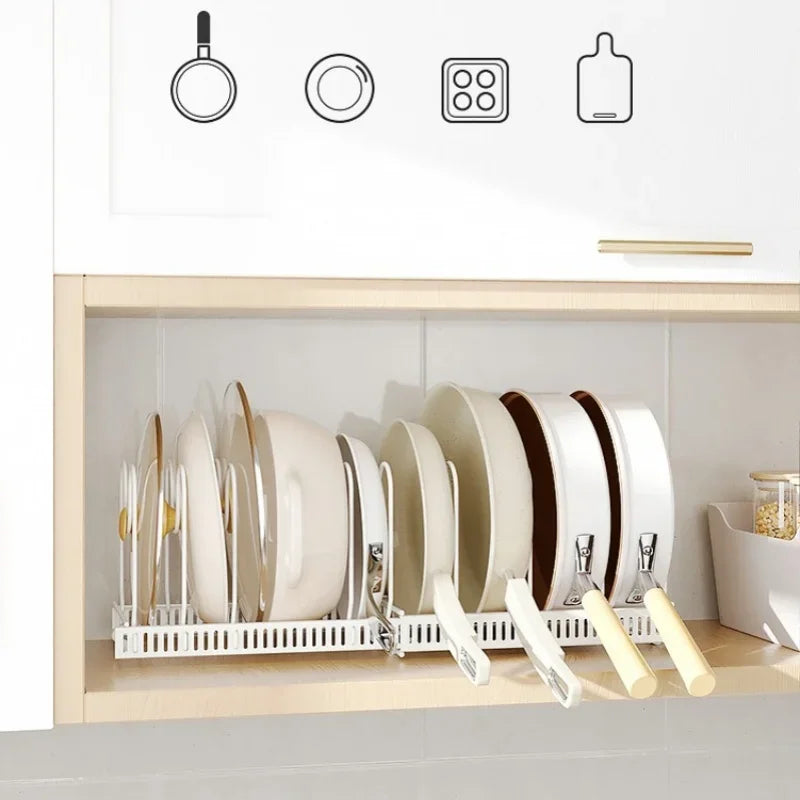 Pot Rack Bowl and Plate Storage Rack Multi-layer Retractable Adjustable Carbon Steel Pan Dish Drying Cookware Rack Kitchen Tools