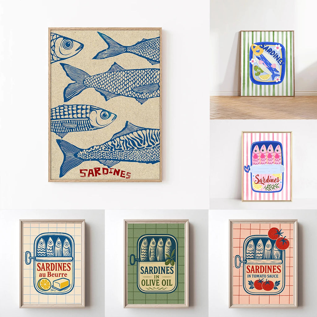 Pink Canned Sardines Canvas Print Sardine Fisherman Aesthetic Wall Art Poster for Modern Living Room Kitchen Home Decor Gifts