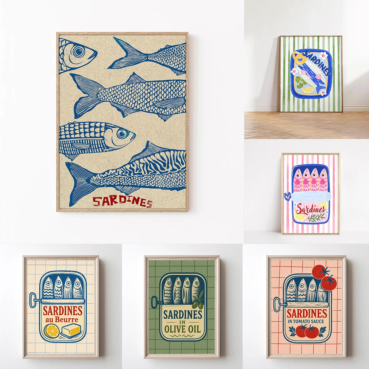 Pink Canned Sardines Canvas Print Sardine Fisherman Aesthetic Wall Art Poster for Modern Living Room Kitchen Home Decor Gifts