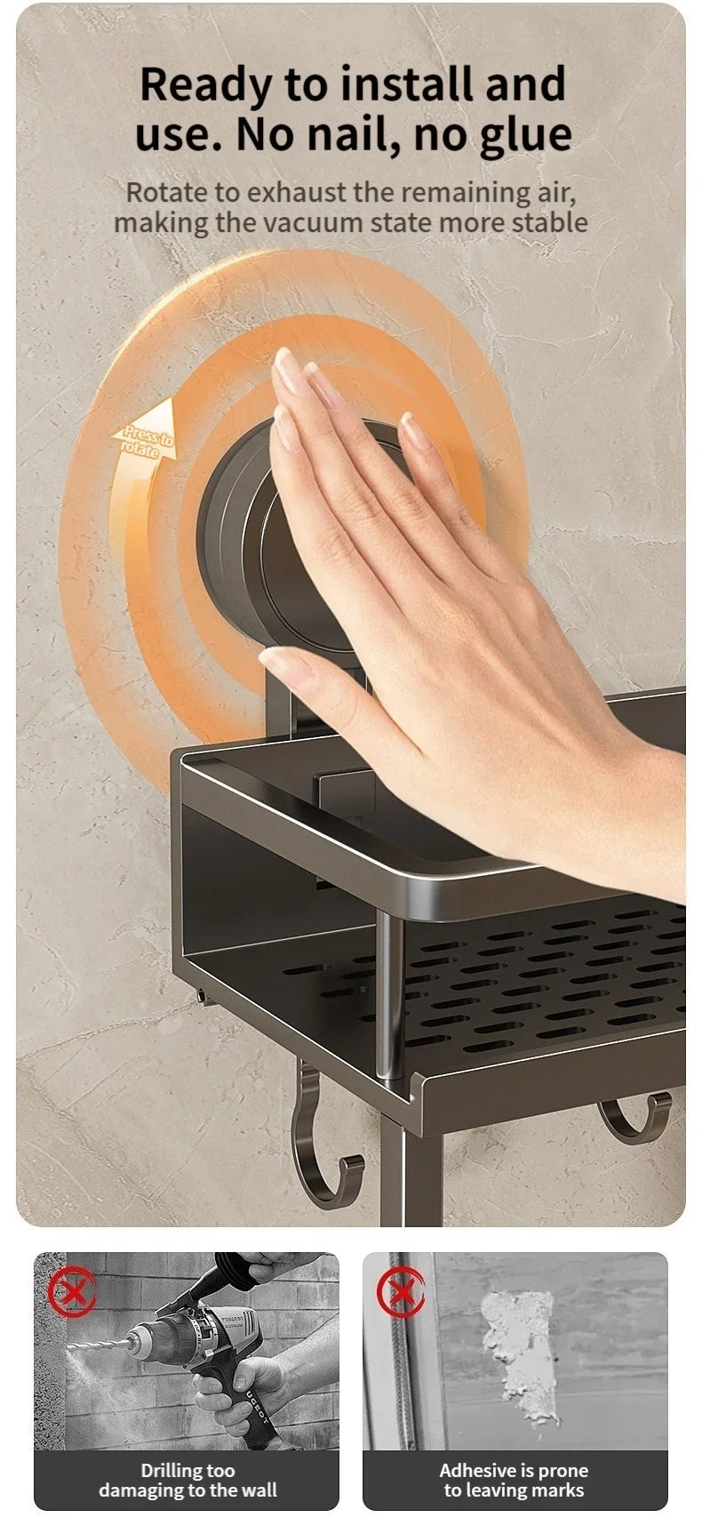 No Drill Suction Cup Suction Bathroom Rack Bathroom Shelf Toilet Space Aluminum Hanging Rack Bathroom Organizer Hang On The Wall