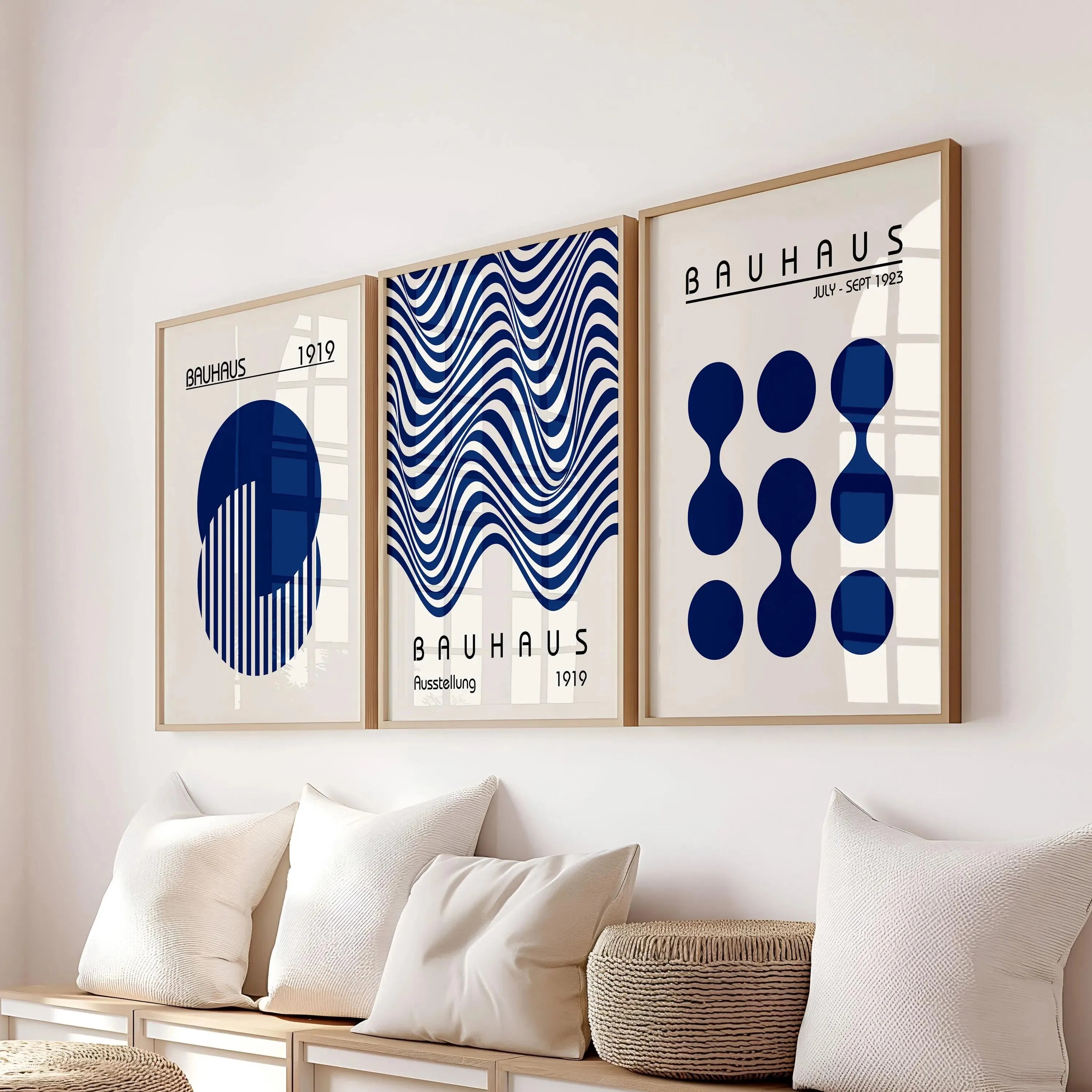 Blue & Yellow Wavy Line Abstract Art Canvas Poster Mid Century Geometric Wall Art Poster for Modern Living Room Home Decor